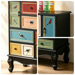 LIVARA 101cm 9-Drawer Storage Cabinet - Vintage Bird Painting Design with Double Door Storage & Solid Wood Legs for Living Room - Black & Multi