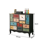 LIVARA 101cm 9-Drawer Storage Cabinet - Vintage Bird Painting Design with Double Door Storage & Solid Wood Legs for Living Room - Black & Multi
