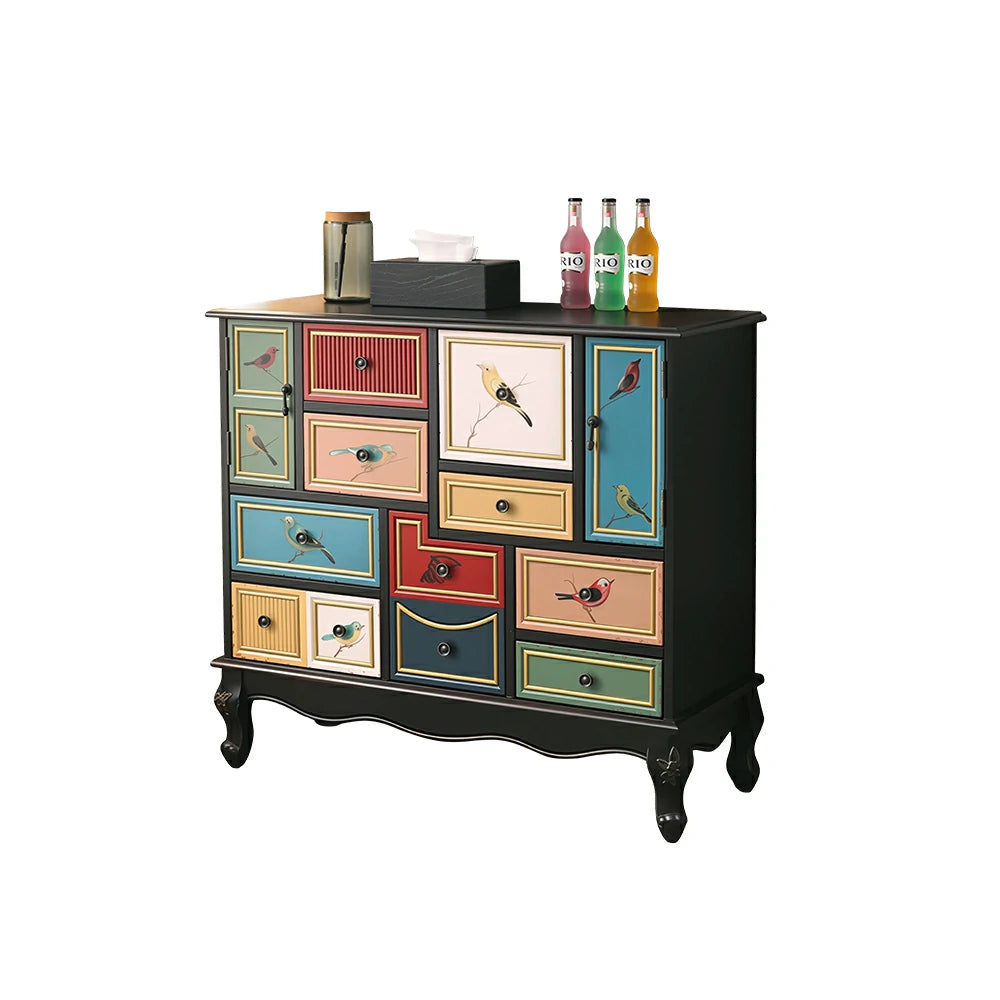 LIVARA 101cm 9-Drawer Storage Cabinet - Vintage Bird Painting Design with Double Door Storage & Solid Wood Legs for Living Room - Black & Multi