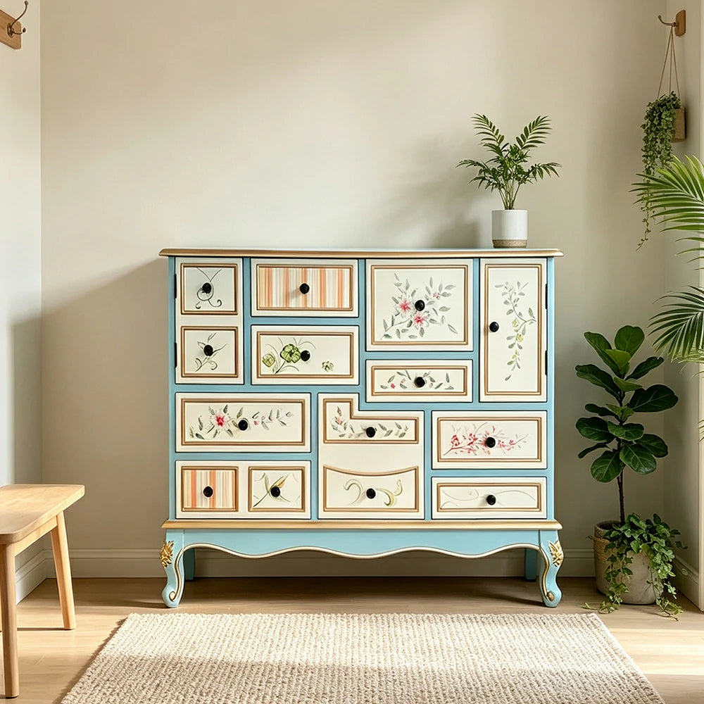 LIVARA 101cm 9-Drawer Storage Cabinet - Vintage Floral Design with Double Door Storage & Solid Wood Legs for Living Room - Sky Blue & Multi