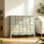 LIVARA 101cm 9-Drawer Storage Cabinet - Vintage Floral Design with Double Door Storage & Solid Wood Legs for Living Room - Sky Blue & Multi