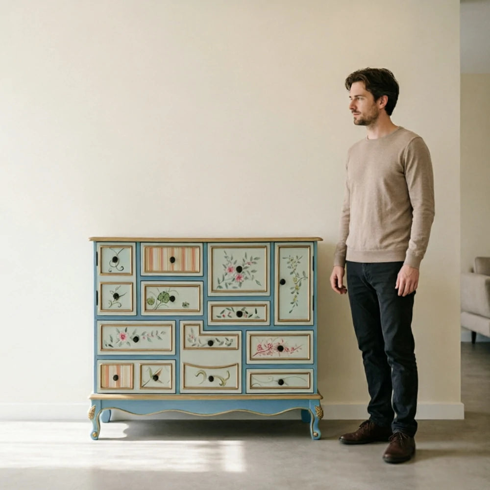 LIVARA 101cm 9-Drawer Storage Cabinet - Vintage Floral Design with Double Door Storage & Solid Wood Legs for Living Room - Sky Blue & Multi