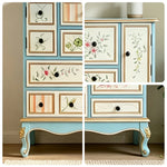 LIVARA 101cm 9-Drawer Storage Cabinet - Vintage Floral Design with Double Door Storage & Solid Wood Legs for Living Room - Sky Blue & Multi