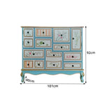 LIVARA 101cm 9-Drawer Storage Cabinet - Vintage Floral Design with Double Door Storage & Solid Wood Legs for Living Room - Sky Blue & Multi