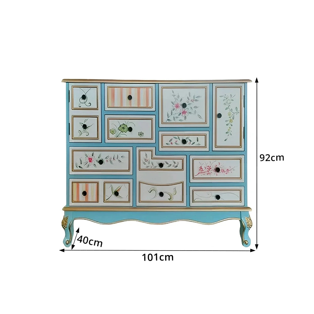 LIVARA 101cm 9-Drawer Storage Cabinet - Vintage Floral Design with Double Door Storage & Solid Wood Legs for Living Room - Sky Blue & Multi