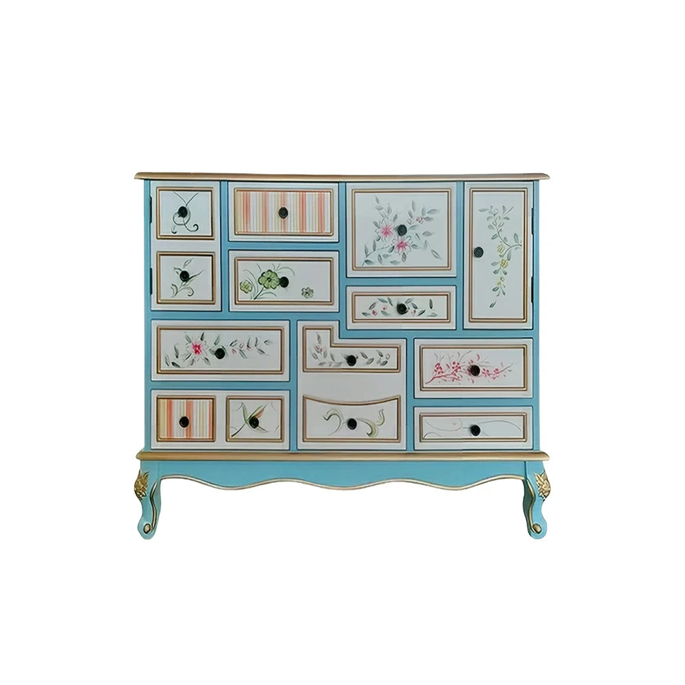 LIVARA 101cm 9-Drawer Storage Cabinet - Vintage Floral Design with Double Door Storage & Solid Wood Legs for Living Room - Sky Blue & Multi