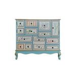 LIVARA 101cm 9-Drawer Storage Cabinet - Vintage Floral Design with Double Door Storage & Solid Wood Legs for Living Room - Sky Blue & Multi