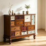 LIVARA 101cm 9-Drawer Storage Cabinet - Vintage Colour Block Design with Double Door Storage & Solid Wood Legs for Living Room - Natural Wood & Multi