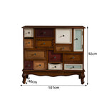 LIVARA 101cm 9-Drawer Storage Cabinet - Vintage Colour Block Design with Double Door Storage & Solid Wood Legs for Living Room - Natural Wood & Multi