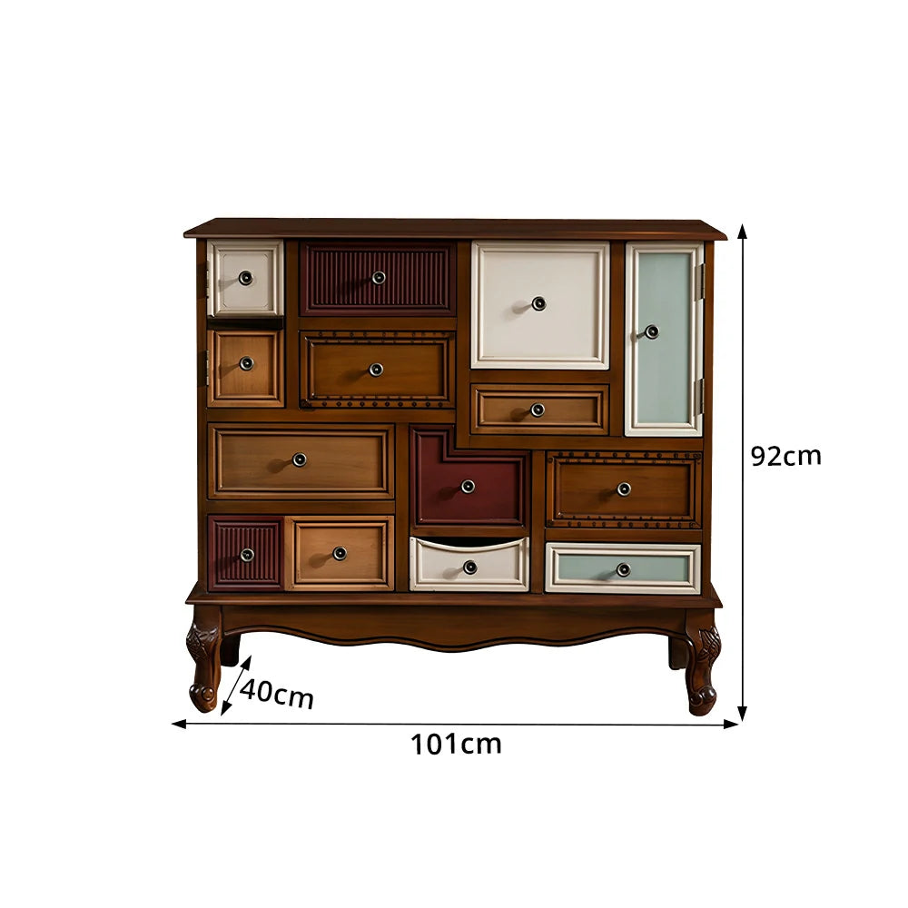 LIVARA 101cm 9-Drawer Storage Cabinet - Vintage Colour Block Design with Double Door Storage & Solid Wood Legs for Living Room - Natural Wood & Multi