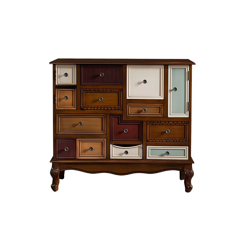 LIVARA 101cm 9-Drawer Storage Cabinet - Vintage Colour Block Design with Double Door Storage & Solid Wood Legs for Living Room - Natural Wood & Multi