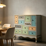 LIVARA 101cm 9-Drawer Storage Cabinet - Vintage Colour Block Design with Double Door Storage & Solid Wood Legs for Living Room - Gold Grey Green & Multi