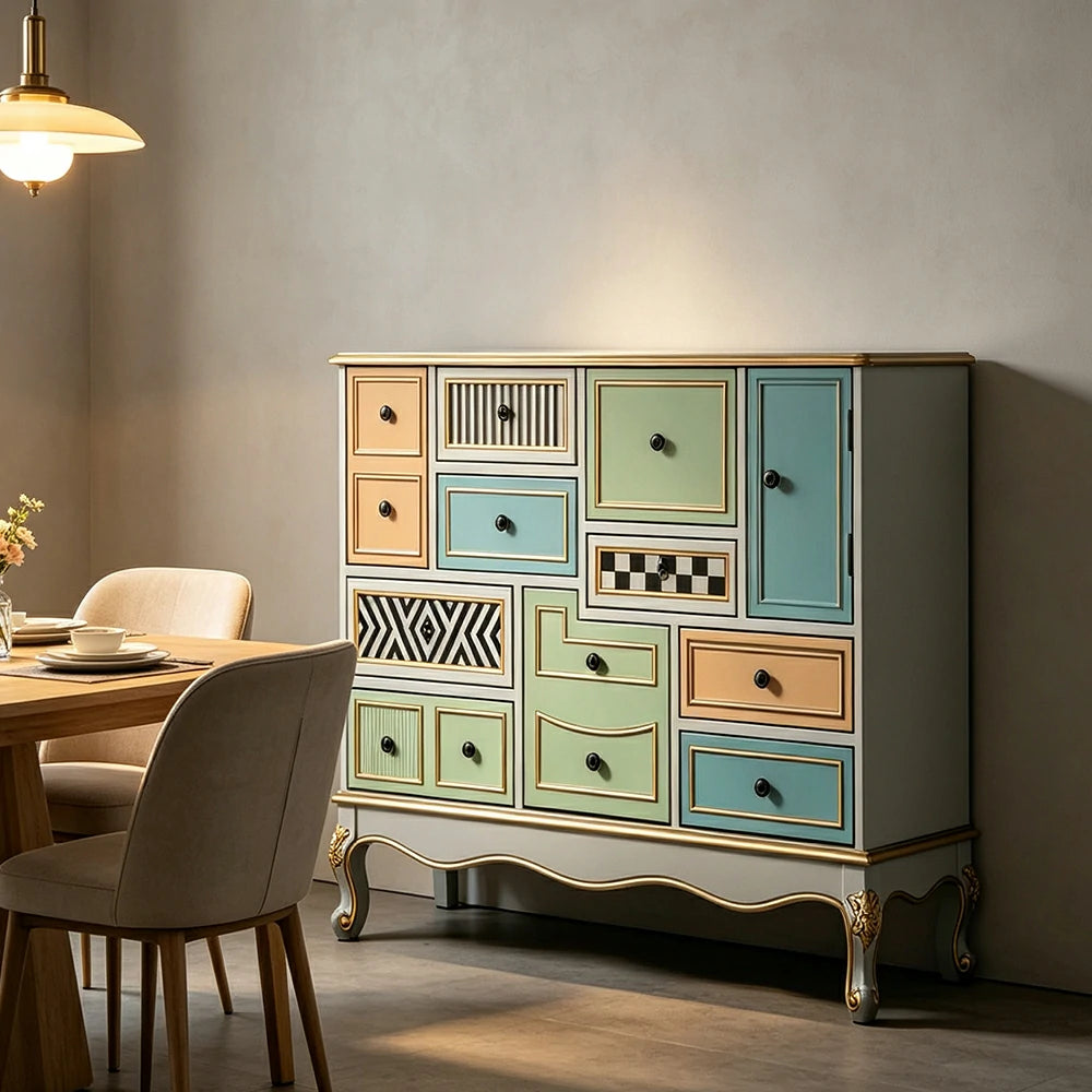 LIVARA 101cm 9-Drawer Storage Cabinet - Vintage Colour Block Design with Double Door Storage & Solid Wood Legs for Living Room - Gold Grey Green & Multi