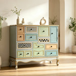 LIVARA 101cm 9-Drawer Storage Cabinet - Vintage Colour Block Design with Double Door Storage & Solid Wood Legs for Living Room - Gold Grey Green & Multi