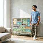 LIVARA 101cm 9-Drawer Storage Cabinet - Vintage Colour Block Design with Double Door Storage & Solid Wood Legs for Living Room - Gold Grey Green & Multi