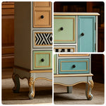 LIVARA 101cm 9-Drawer Storage Cabinet - Vintage Colour Block Design with Double Door Storage & Solid Wood Legs for Living Room - Gold Grey Green & Multi