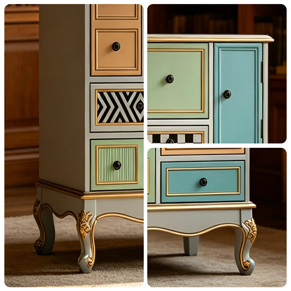 LIVARA 101cm 9-Drawer Storage Cabinet - Vintage Colour Block Design with Double Door Storage & Solid Wood Legs for Living Room - Gold Grey Green & Multi