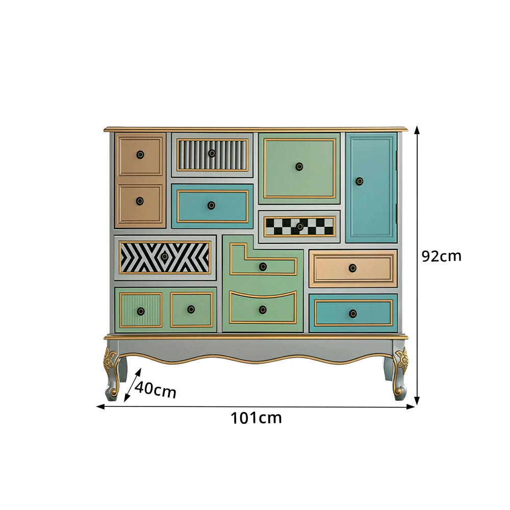 LIVARA 101cm 9-Drawer Storage Cabinet - Vintage Colour Block Design with Double Door Storage & Solid Wood Legs for Living Room - Gold Grey Green & Multi
