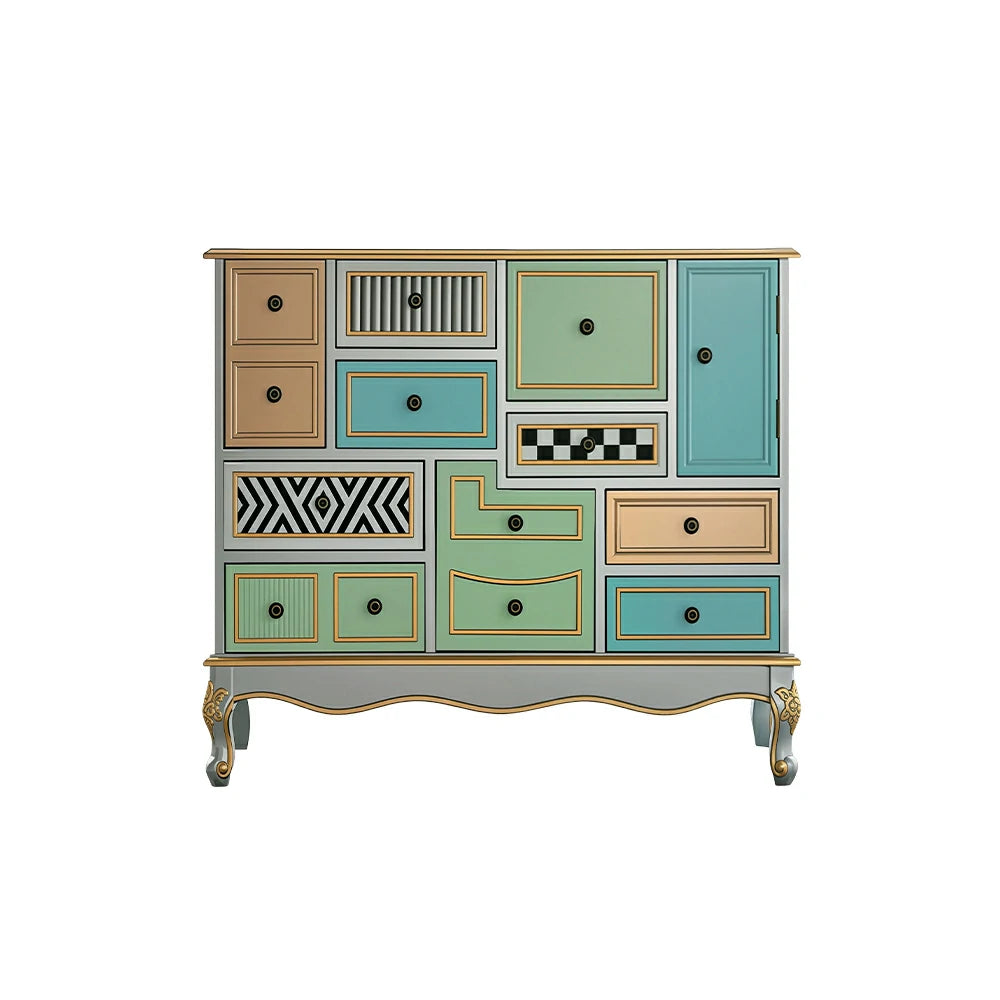 LIVARA 101cm 9-Drawer Storage Cabinet - Vintage Colour Block Design with Double Door Storage & Solid Wood Legs for Living Room - Gold Grey Green & Multi
