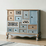 LIVARA 101cm 9-Drawer Storage Cabinet - Vintage Colour Block Design with Double Door Storage & Solid Wood Legs for Living Room - Gold Grey Blue & Multi