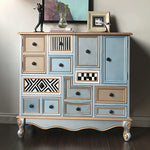 LIVARA 101cm 9-Drawer Storage Cabinet - Vintage Colour Block Design with Double Door Storage & Solid Wood Legs for Living Room - Gold Grey Blue & Multi