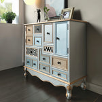 LIVARA 101cm 9-Drawer Storage Cabinet - Vintage Colour Block Design with Double Door Storage & Solid Wood Legs for Living Room - Gold Grey Blue & Multi