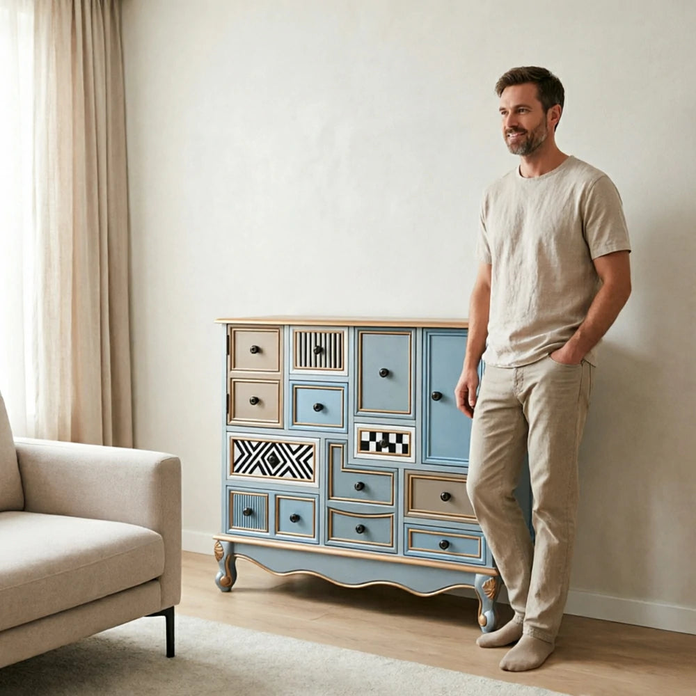 LIVARA 101cm 9-Drawer Storage Cabinet - Vintage Colour Block Design with Double Door Storage & Solid Wood Legs for Living Room - Gold Grey Blue & Multi