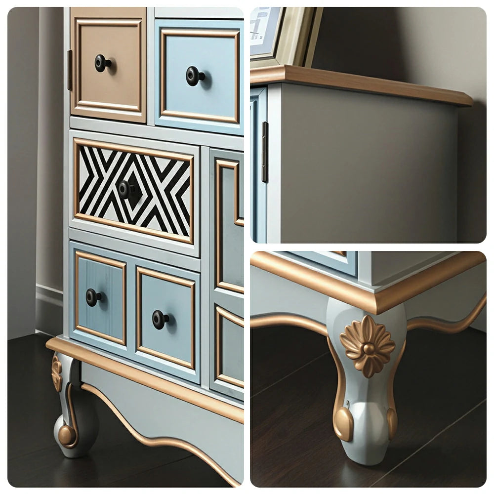 LIVARA 101cm 9-Drawer Storage Cabinet - Vintage Colour Block Design with Double Door Storage & Solid Wood Legs for Living Room - Gold Grey Blue & Multi