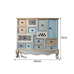 LIVARA 101cm 9-Drawer Storage Cabinet - Vintage Colour Block Design with Double Door Storage & Solid Wood Legs for Living Room - Gold Grey Blue & Multi