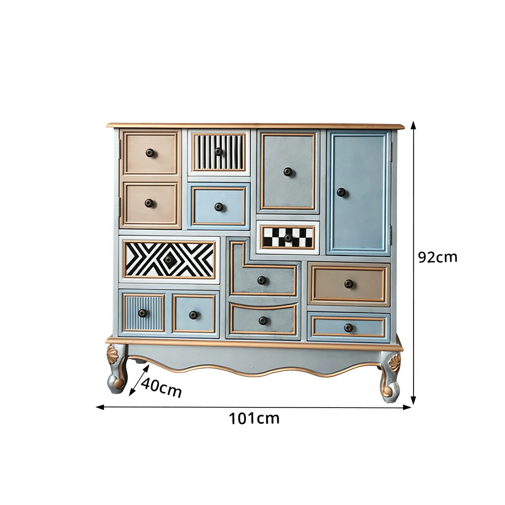 LIVARA 101cm 9-Drawer Storage Cabinet - Vintage Colour Block Design with Double Door Storage & Solid Wood Legs for Living Room - Gold Grey Blue & Multi