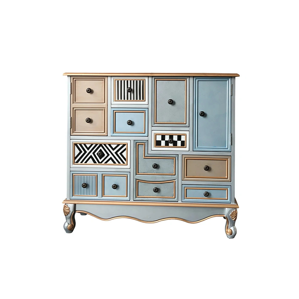LIVARA 101cm 9-Drawer Storage Cabinet - Vintage Colour Block Design with Double Door Storage & Solid Wood Legs for Living Room - Gold Grey Blue & Multi
