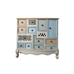 LIVARA 101cm 9-Drawer Storage Cabinet - Vintage Colour Block Design with Double Door Storage & Solid Wood Legs for Living Room - Gold Grey Blue & Multi