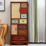 LIVARA 142cm 8-Drawer Storage Cabinet - Vintage Colour Block Design with Double Door Storage & Solid Wood Legs for Living Room - Natural Wood