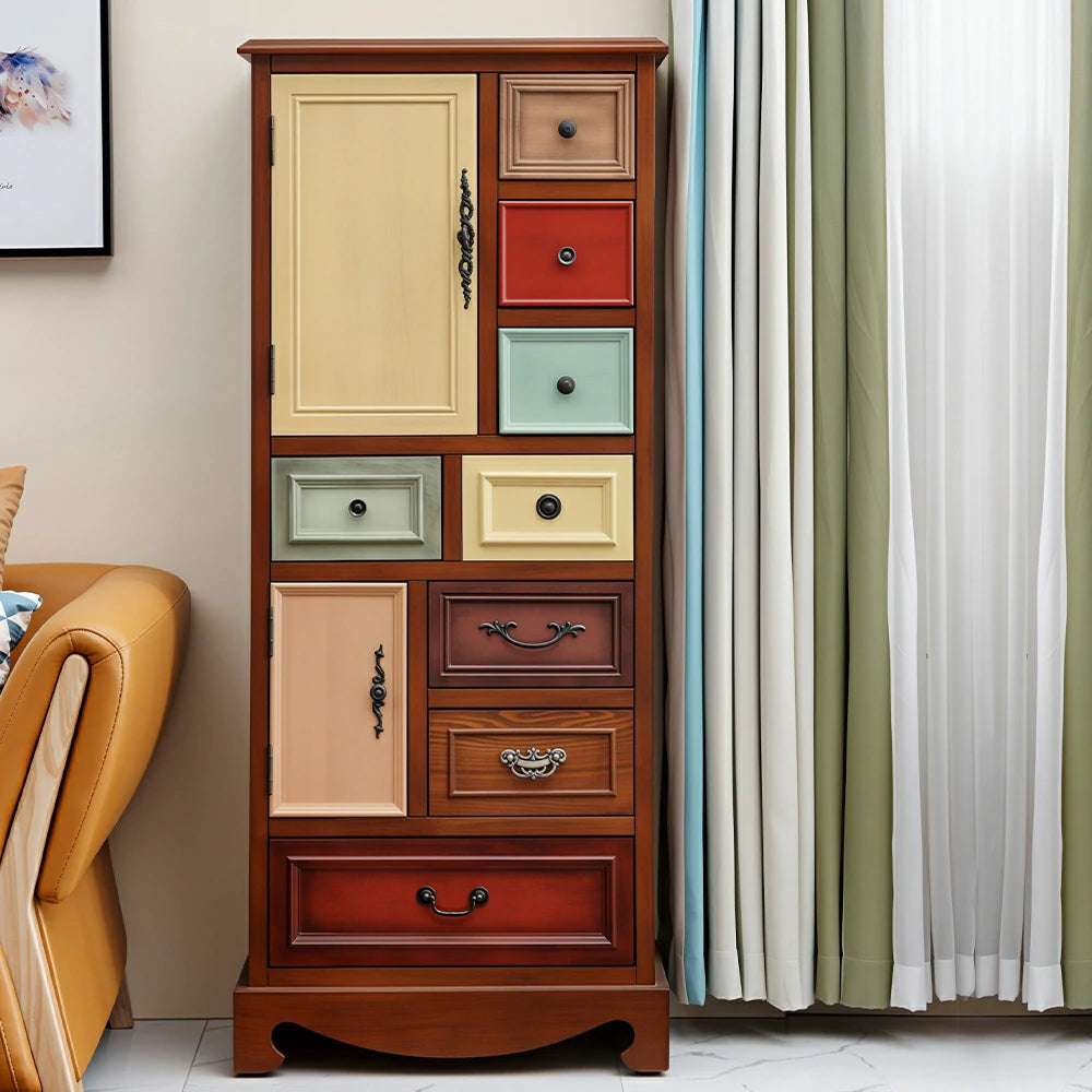 LIVARA 142cm 8-Drawer Storage Cabinet - Vintage Colour Block Design with Double Door Storage & Solid Wood Legs for Living Room - Natural Wood