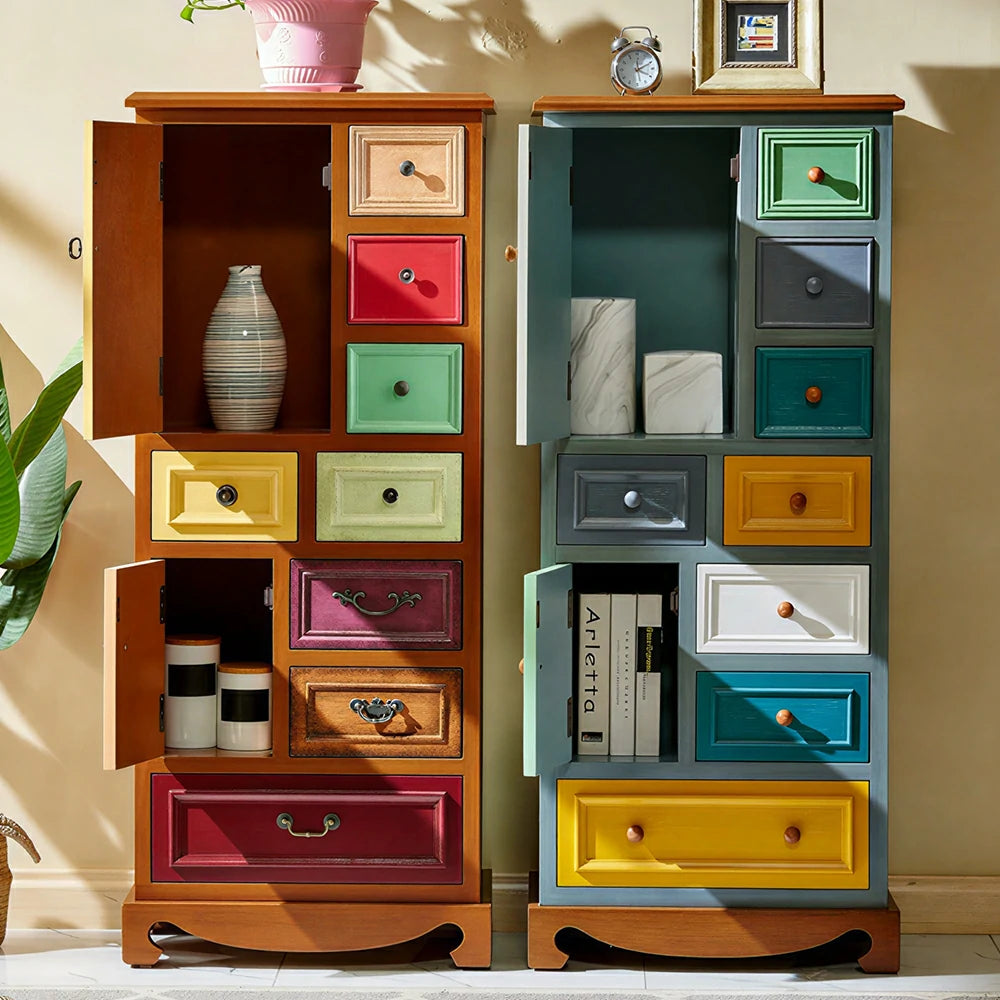 LIVARA 142cm 8-Drawer Storage Cabinet - Vintage Colour Block Design with Double Door Storage & Solid Wood Legs for Living Room - Natural Wood