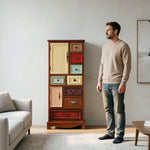 LIVARA 142cm 8-Drawer Storage Cabinet - Vintage Colour Block Design with Double Door Storage & Solid Wood Legs for Living Room - Natural Wood