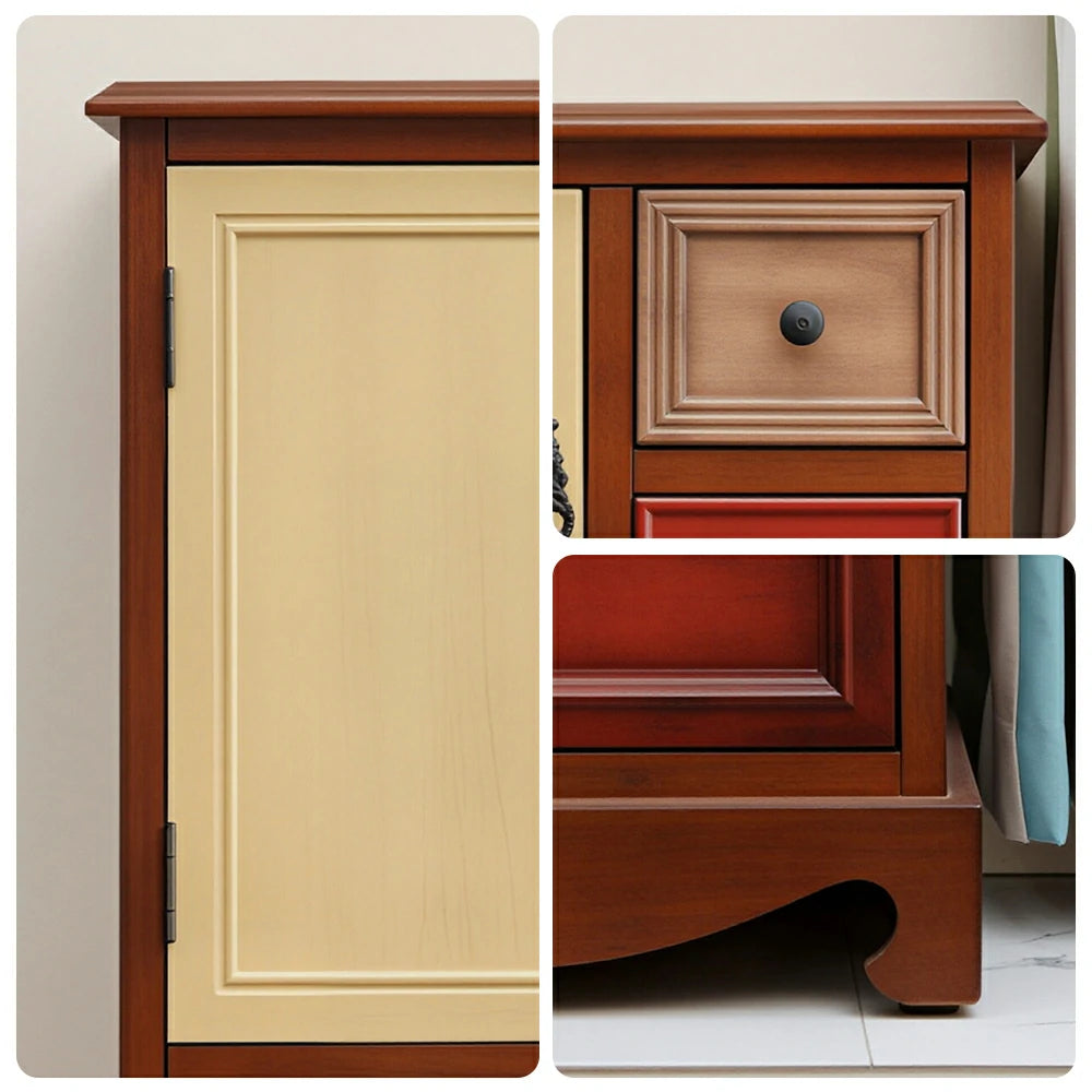 LIVARA 142cm 8-Drawer Storage Cabinet - Vintage Colour Block Design with Double Door Storage & Solid Wood Legs for Living Room - Natural Wood