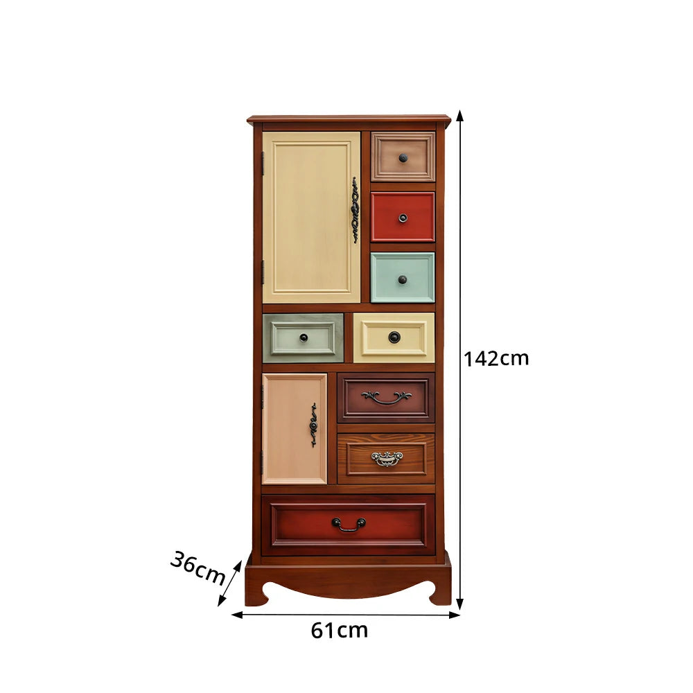 LIVARA 142cm 8-Drawer Storage Cabinet - Vintage Colour Block Design with Double Door Storage & Solid Wood Legs for Living Room - Natural Wood