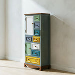LIVARA 142cm 8-Drawer Storage Cabinet - Vintage Colour Block Design with Double Door Storage & Solid Wood Legs for Living Room - Blue & Green