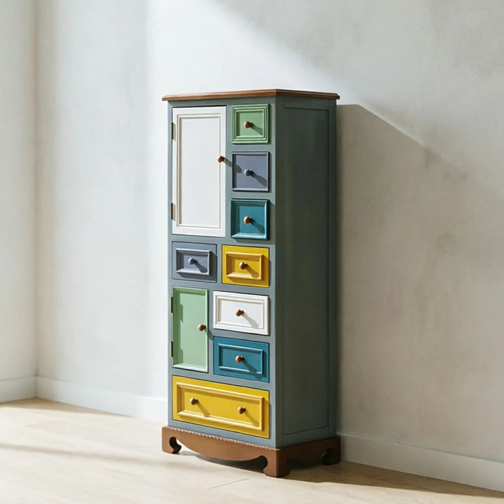 LIVARA 142cm 8-Drawer Storage Cabinet - Vintage Colour Block Design with Double Door Storage & Solid Wood Legs for Living Room - Blue & Green
