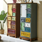 LIVARA 142cm 8-Drawer Storage Cabinet - Vintage Colour Block Design with Double Door Storage & Solid Wood Legs for Living Room - Blue & Green
