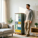 LIVARA 142cm 8-Drawer Storage Cabinet - Vintage Colour Block Design with Double Door Storage & Solid Wood Legs for Living Room - Blue & Green