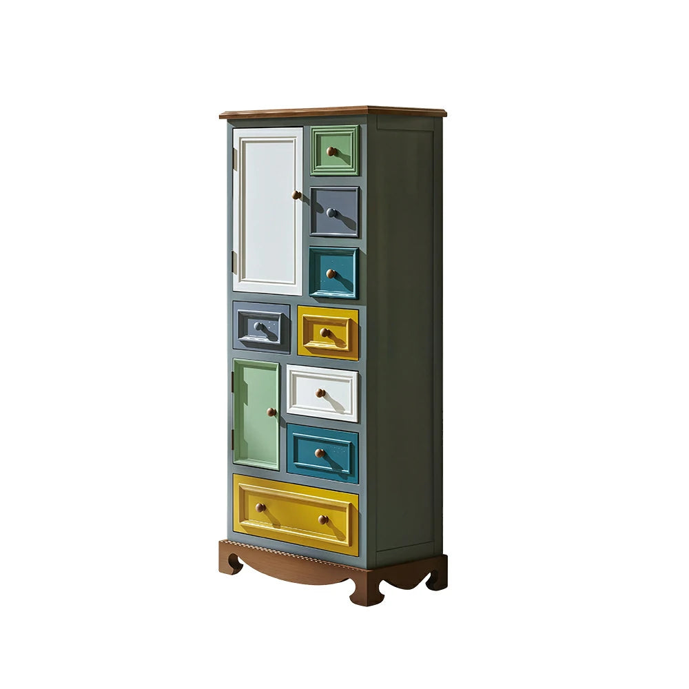LIVARA 142cm 8-Drawer Storage Cabinet - Vintage Colour Block Design with Double Door Storage & Solid Wood Legs for Living Room - Blue & Green