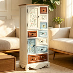 LIVARA 142cm 8-Drawer Storage Cabinet - Vintage Colour Block Design with Double Door Storage & Solid Wood Legs for Living Room - Blue & White