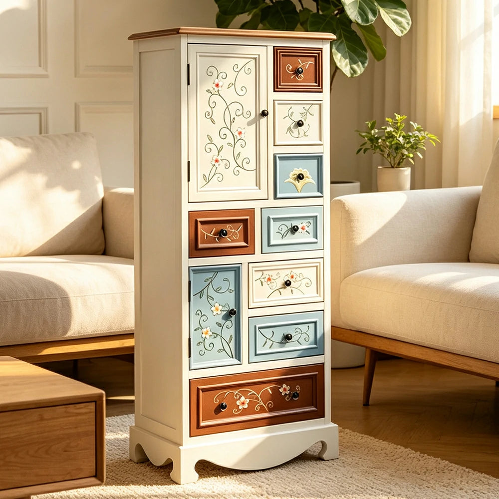 LIVARA 142cm 8-Drawer Storage Cabinet - Vintage Colour Block Design with Double Door Storage & Solid Wood Legs for Living Room - Blue & White