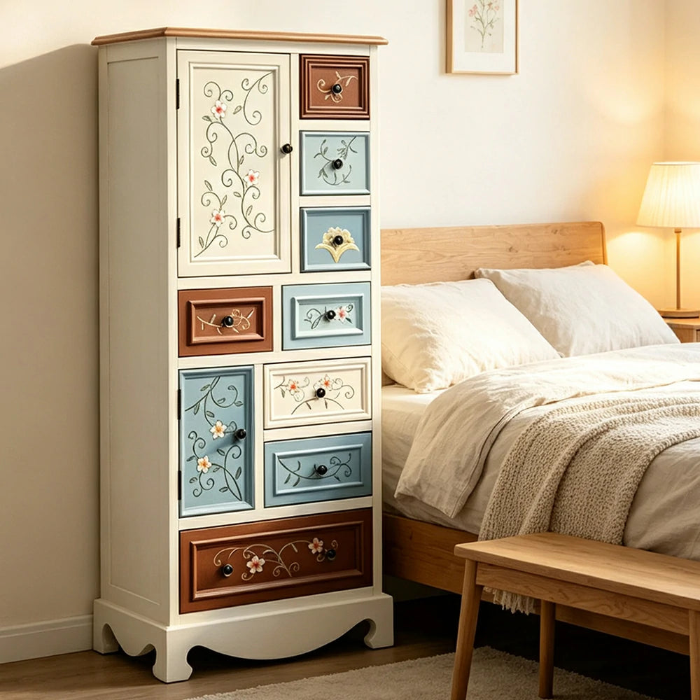 LIVARA 142cm 8-Drawer Storage Cabinet - Vintage Colour Block Design with Double Door Storage & Solid Wood Legs for Living Room - Blue & White