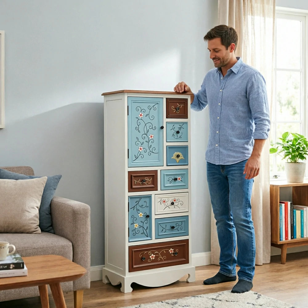 LIVARA 142cm 8-Drawer Storage Cabinet - Vintage Colour Block Design with Double Door Storage & Solid Wood Legs for Living Room - Blue & White