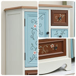 LIVARA 142cm 8-Drawer Storage Cabinet - Vintage Colour Block Design with Double Door Storage & Solid Wood Legs for Living Room - Blue & White