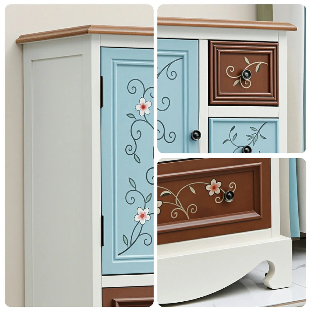 LIVARA 142cm 8-Drawer Storage Cabinet - Vintage Colour Block Design with Double Door Storage & Solid Wood Legs for Living Room - Blue & White