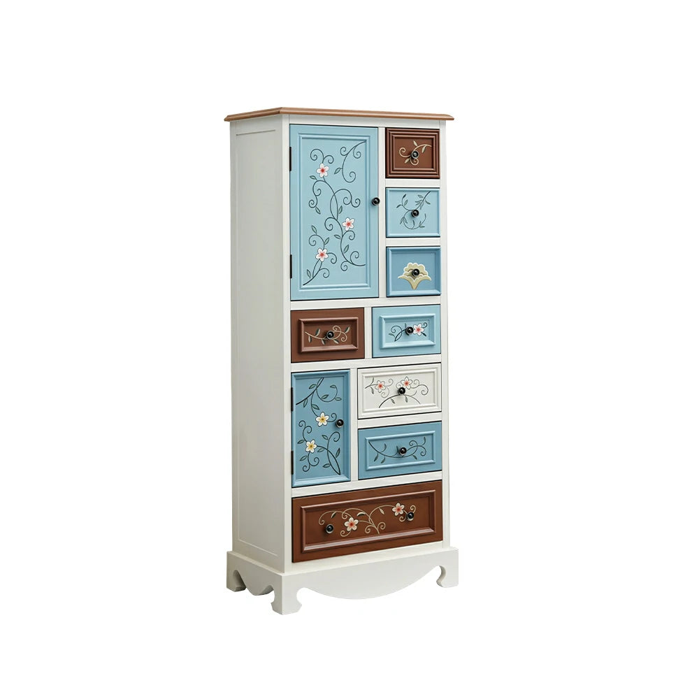 LIVARA 142cm 8-Drawer Storage Cabinet - Vintage Colour Block Design with Double Door Storage & Solid Wood Legs for Living Room - Blue & White